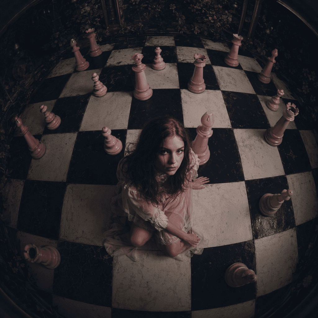 top view, fish eye view, dim lighting, adult girl sitting on a huge black and wh