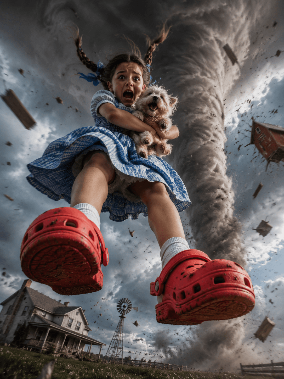 A dramatic low-angle shot of a young girl being lifted into a tornado with a sho
