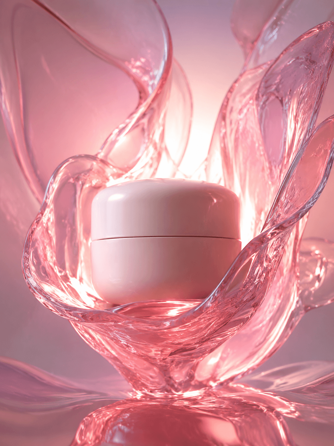 Skincare jar without text or branding, placed in the center of pink molten glass