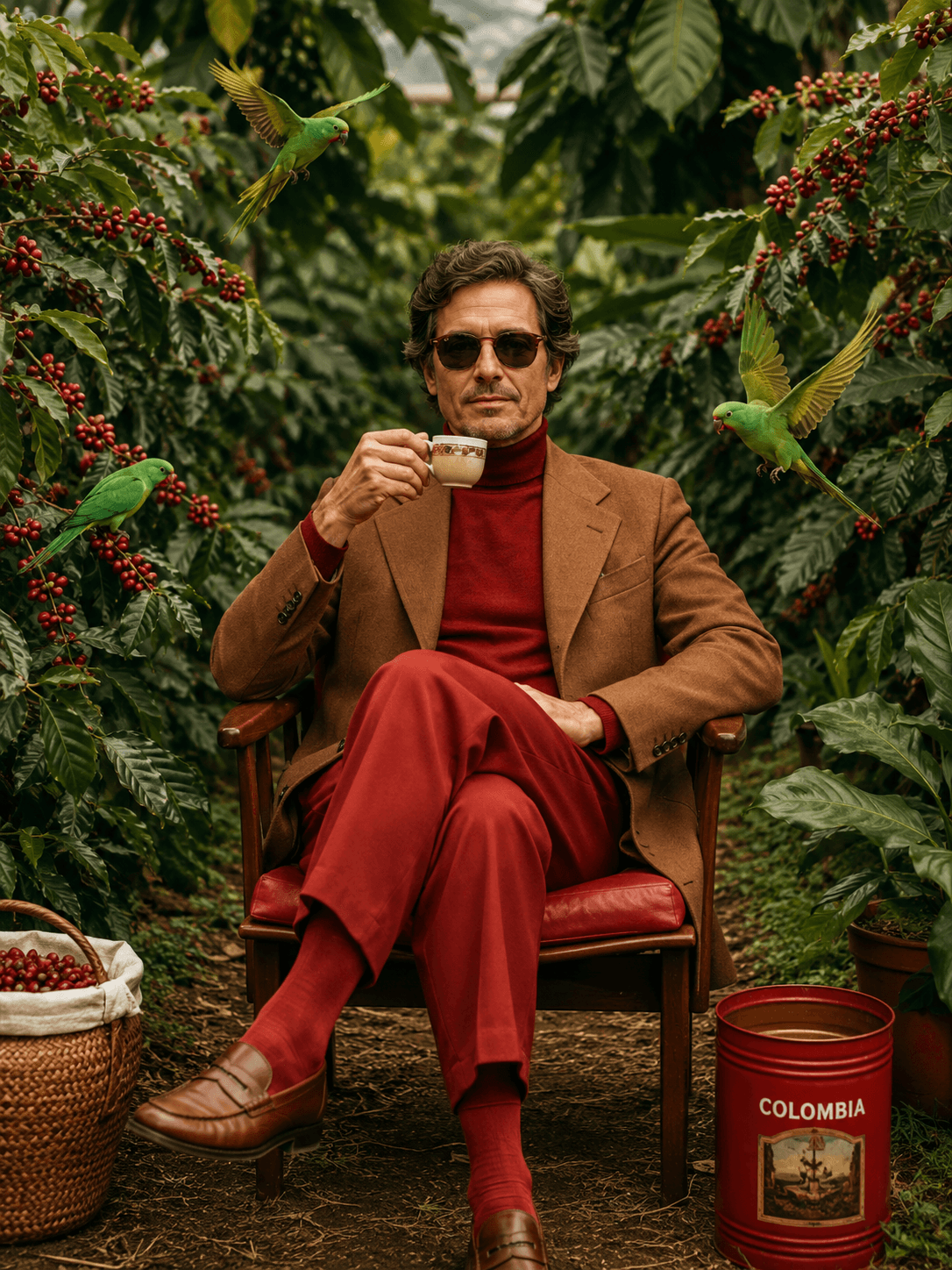 Portrait of a middle age man sitting in a coffee plant garden, facing camera, we